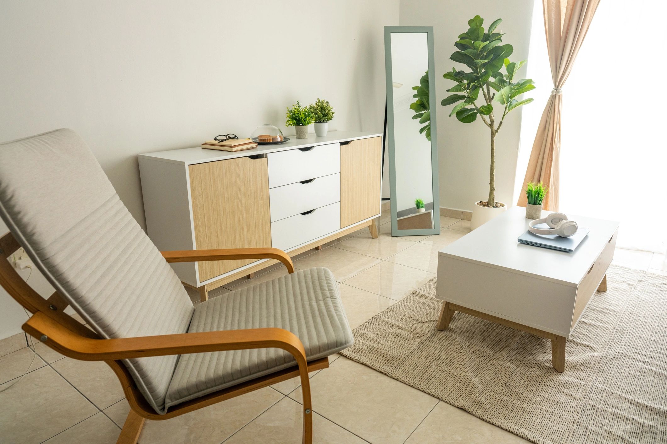 Cozy home decor scene with neutral tones